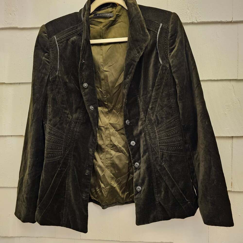 Elie Tahari Women 6 Olive Green Velvet Blazer Leather Trim Quiet Luxury